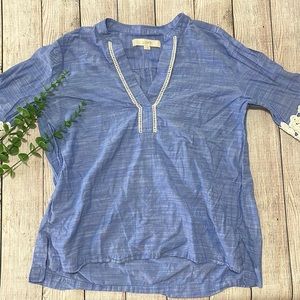 🌸 Clearance! 🌸 Loft Blue & White Lace Bell Sleeve Top Size S 100% Cotton